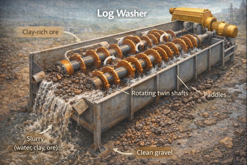 Log washer for clay-rich ore washing and scrubbing
